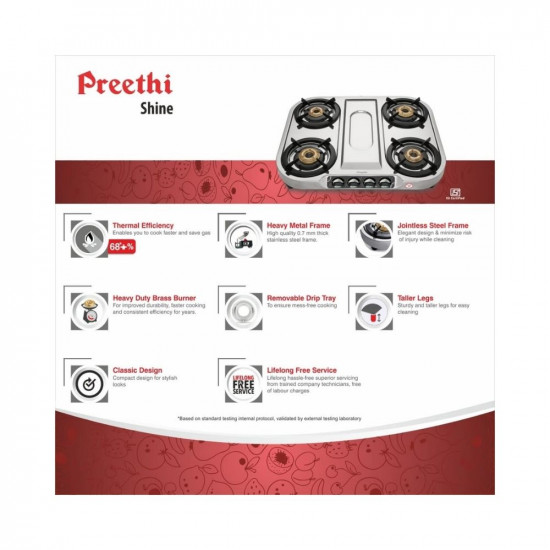 Preethi Shine stainless steel 4 Burner Gas Stove Manual Ignition