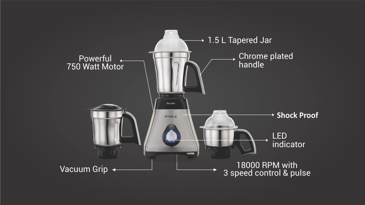 Preethi Steele Max MG-212 Mixer Grinder 750 watt SilverBlack 3 Jars Vega W5 Motor with 2yr Guarantee  Lifelong Free Service