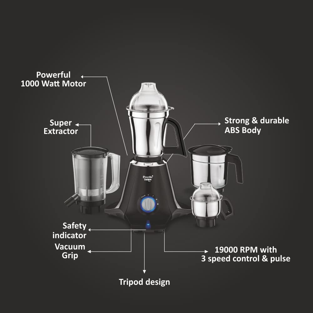 Preethi Taurus Plus MG-257 Mixer Grinder 1000 Watt BlueBlack 4 Jars - Super Extractor Juicer Jar 2 Yr Product Guarantee  Lifelong Free ServiceMetal