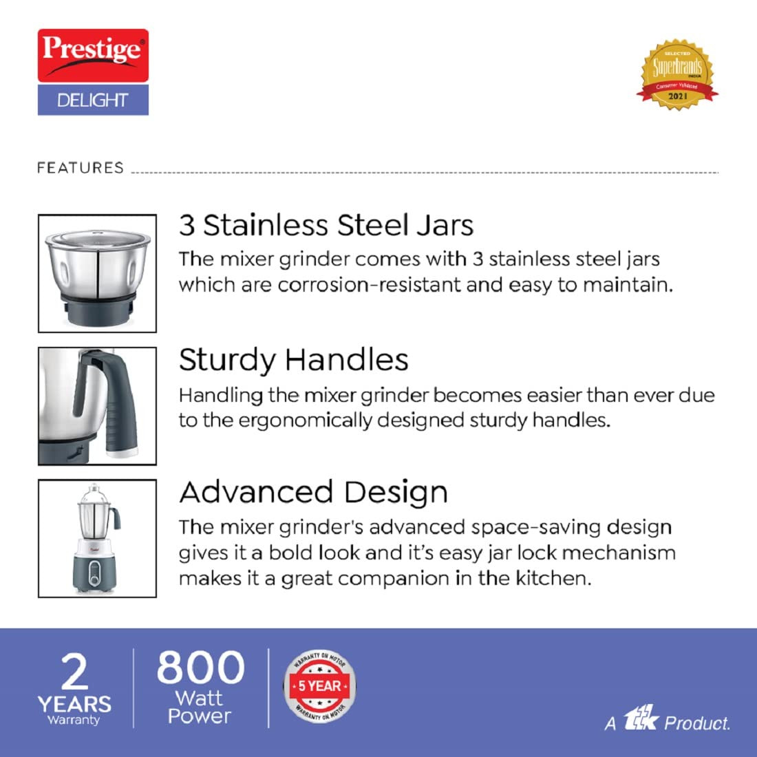 Prestige Delight Mixer Grinder 750 W With 3 Stainless Steel Jars