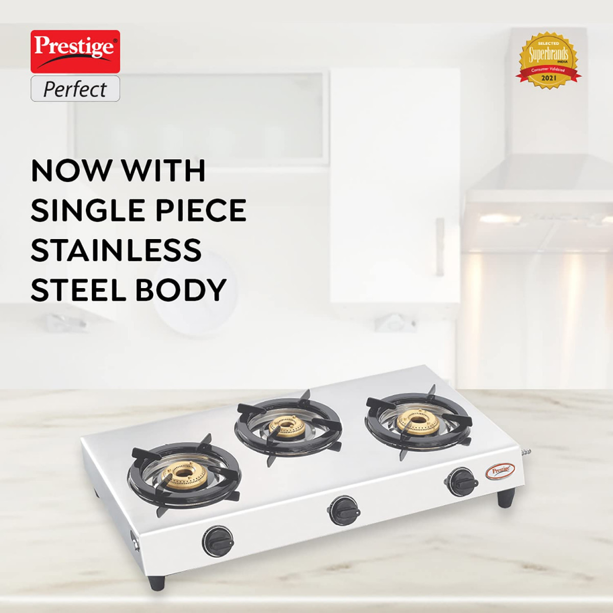 Prestige Gas Stove Perfect - Three Burner Manual  Metallic Silver