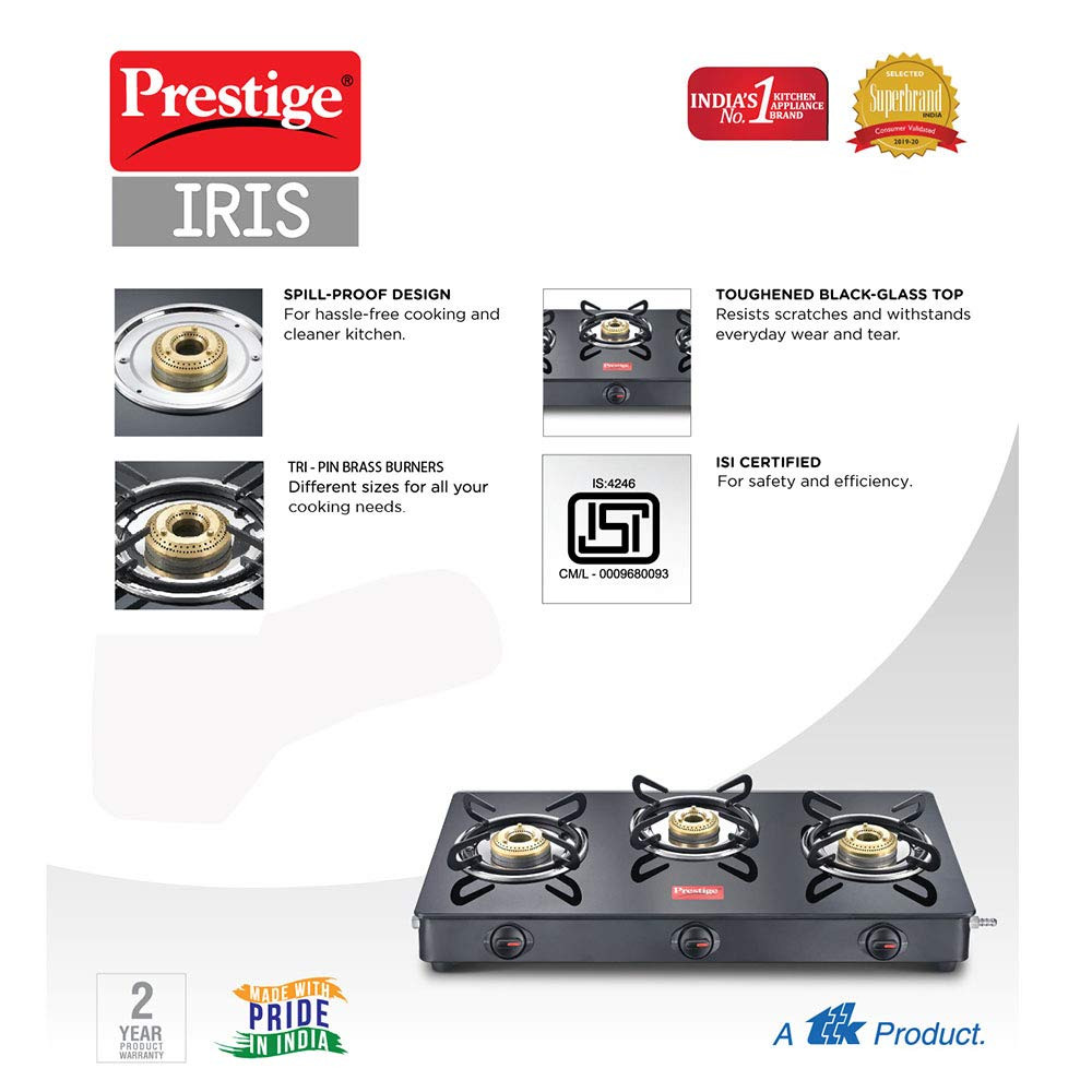 Prestige IRIS Toughened Glass-Top 2 Brass Burner LPG Gas Stove
