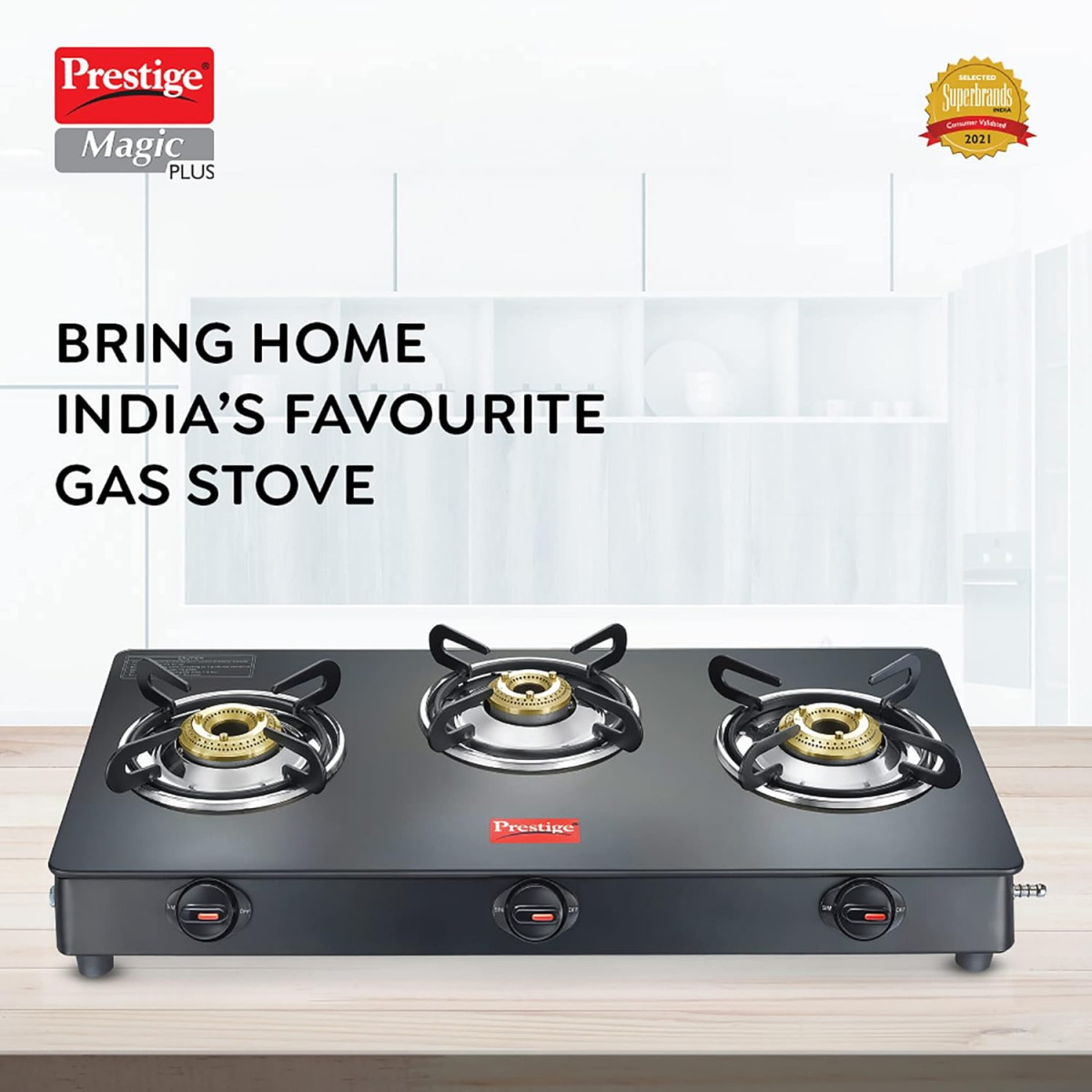 Prestige Magic plus Toughened Glass-Top 3 Brass Burner LPG Gas Stove