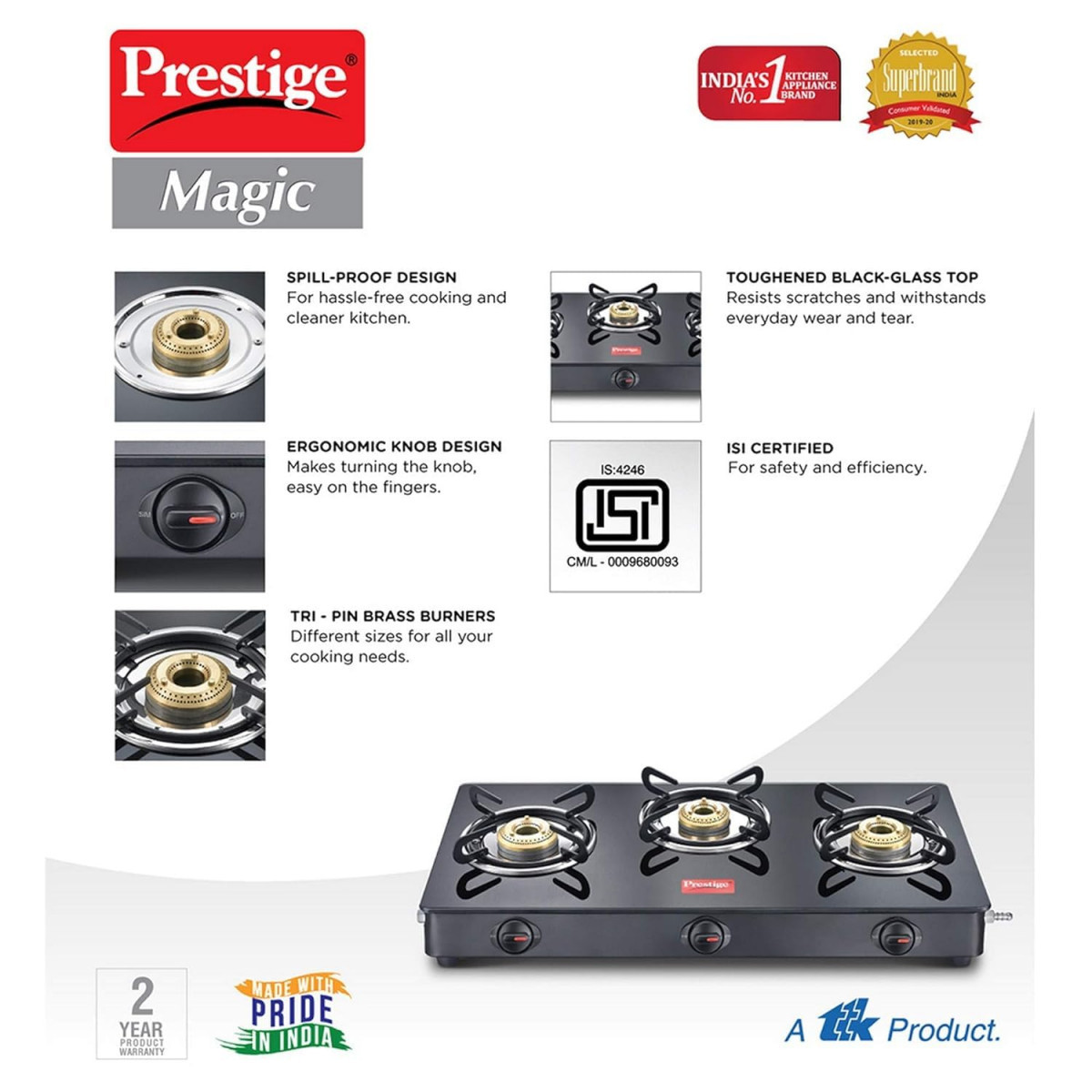 Prestige Magic Toughened Glass-Top 3 Brass Burner Gas Stove