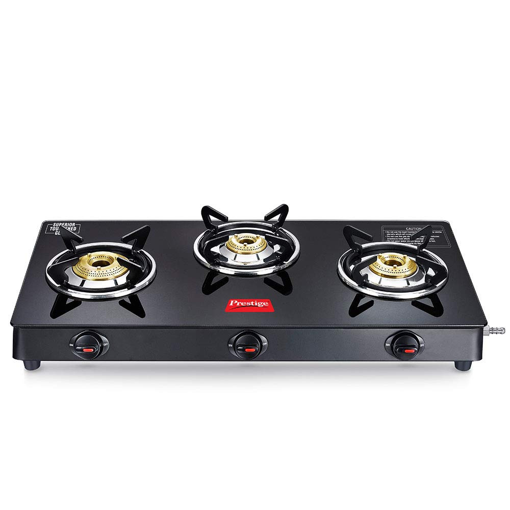 Prestige Marvel Plus Auto Ignition 3 Burner Glass Top Gas Stove GTM 03 AI Black