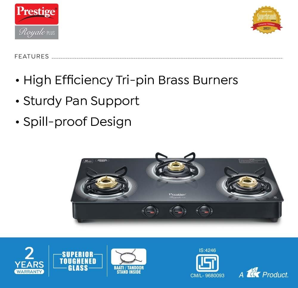 Prestige Royale Plus GT 03L Toughened Black Glass Top Gas Stove