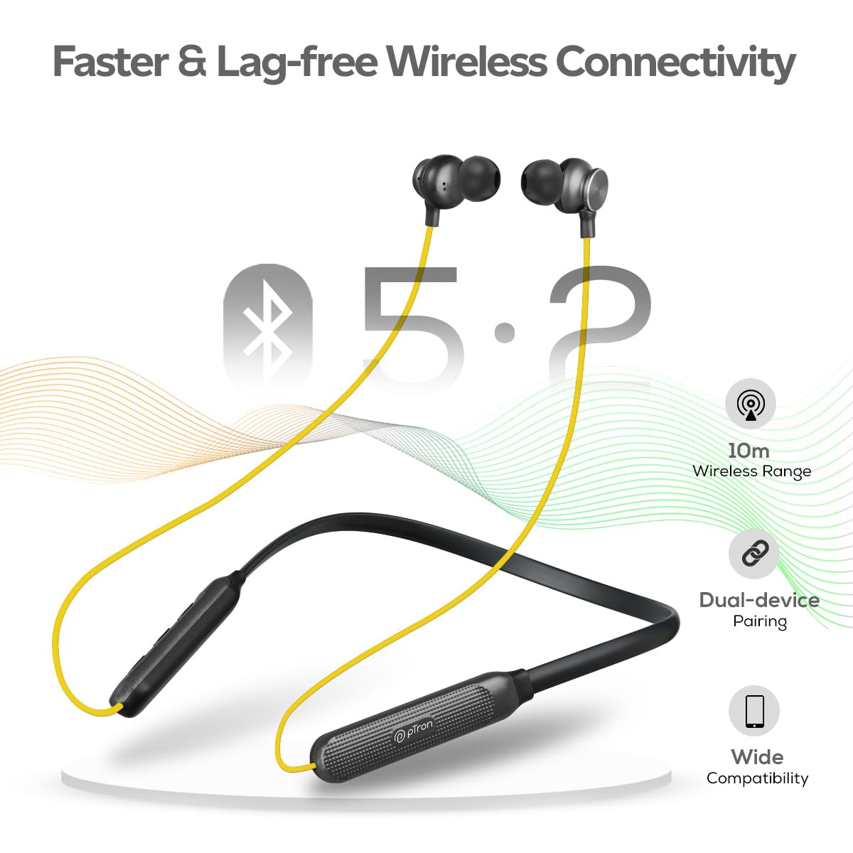 pTron Tangent Duo Bluetooth 52 Wireless in-Ear Headphones 13mm Driver Deep Bass HD Calls Fast Charging Type-C Wireless Neckband Dual Pairing Voice Assistant IPX4 Water Resistant YellowBlack