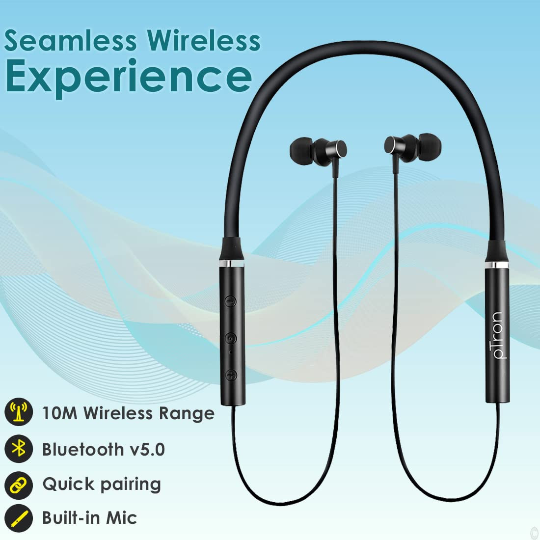 pTron Tangentbeat in-Ear Bluetooth 50 Wireless Headphones with Mic Deep Bass 10mm Drivers Clear Calls Dual Pairing Fast Charging Magnetic Buds Voice Assistant  IPX4 Wireless Neckband Black