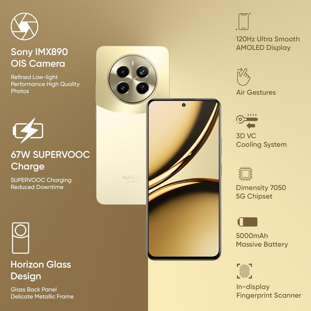 realme NARZO 70 Pro 5G Glass Gold 8GB RAM128GB Storage Dimensity 7050 5G Chipset  Horizon Glass Design  Segment 1st Flagship Sony IMX890 OIS Camera