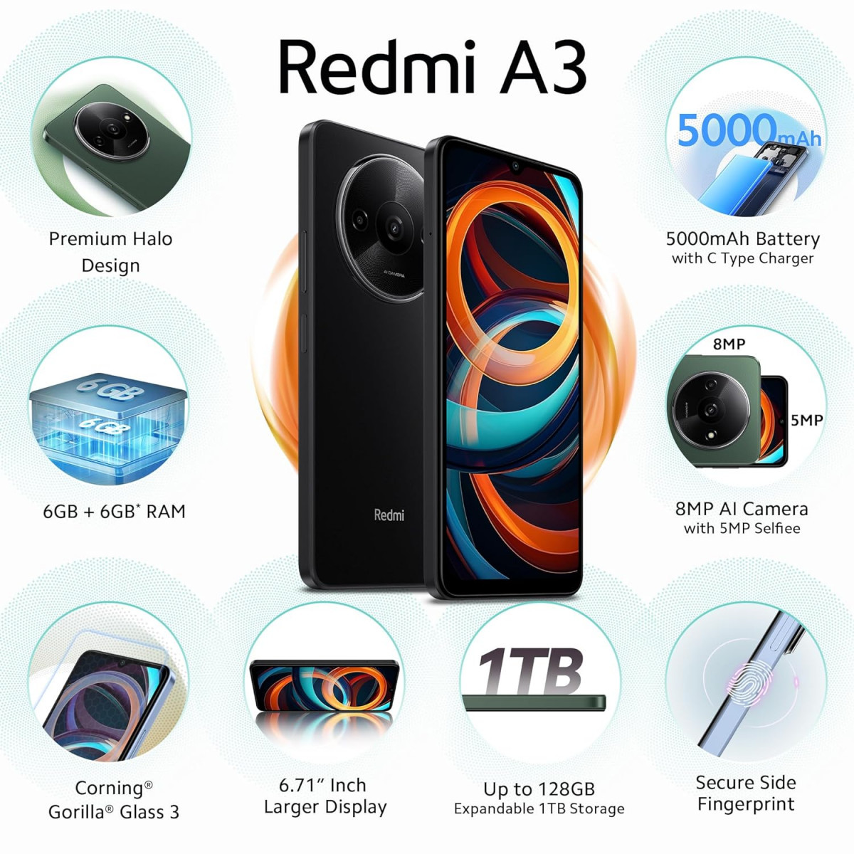 Redmi A3 Midnight Black 3GB RAM 64GB Storage  Premium Halo Design  90Hz Display