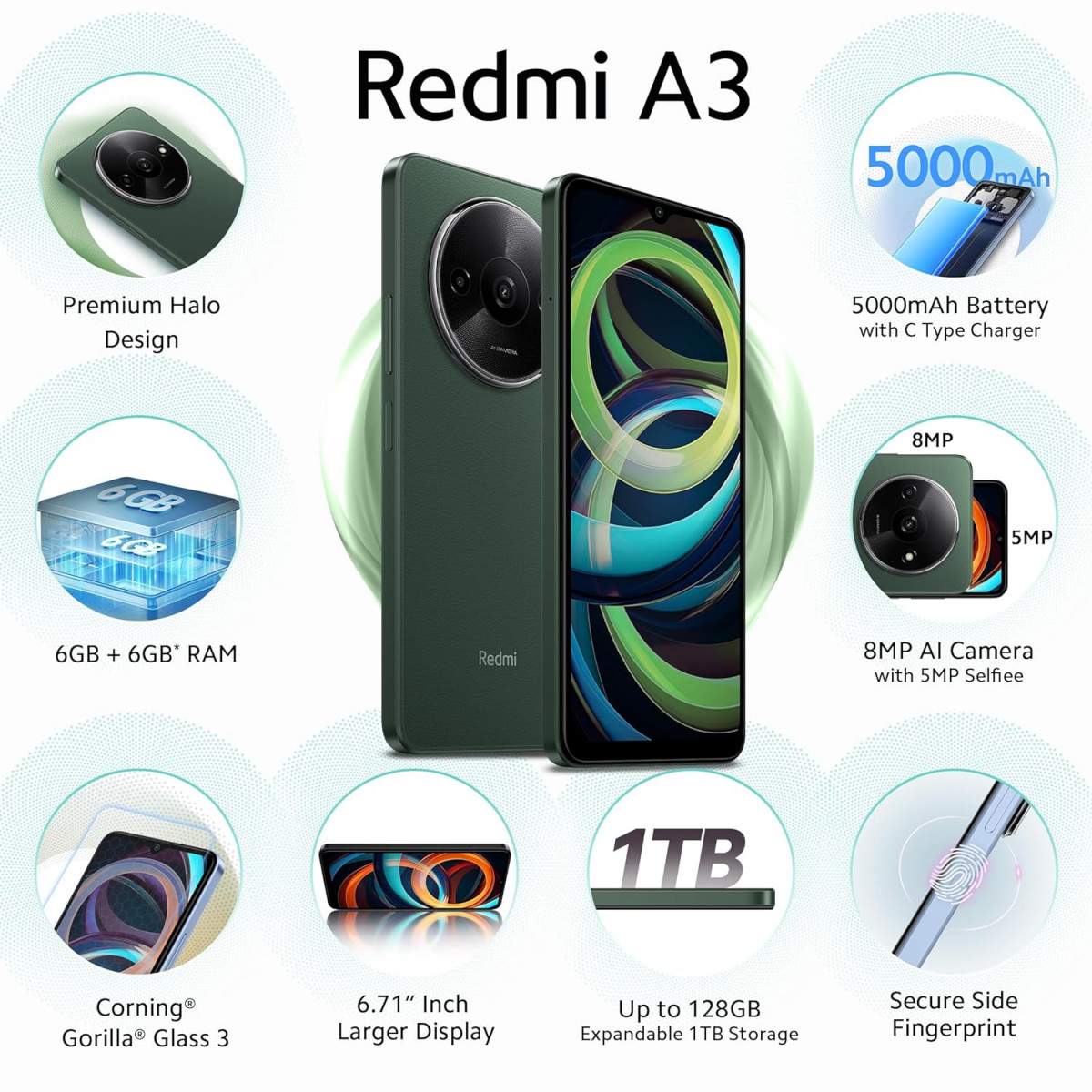 Redmi A3 Olive Green 3GB RAM 64GB Storage  Premium Halo Design  90Hz Display  Powerful 4G G36 Processor