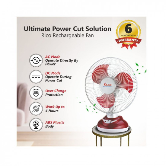 Rico Rechargeable Battery Table Fan 12 inches White
