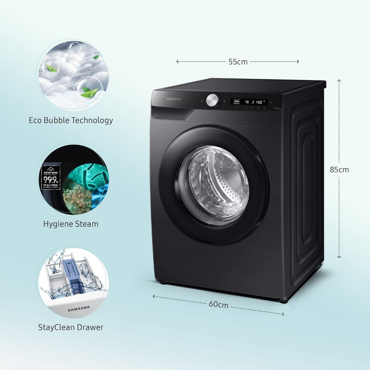 Samsung 12 kg 5 star Eco Bubble Technology AI Control  Wi-Fi Digital Inverter Motor Fully-Automatic Front Load Washing Machine Appliance WW12T504DABTL Hygiene Steam Black Caviar