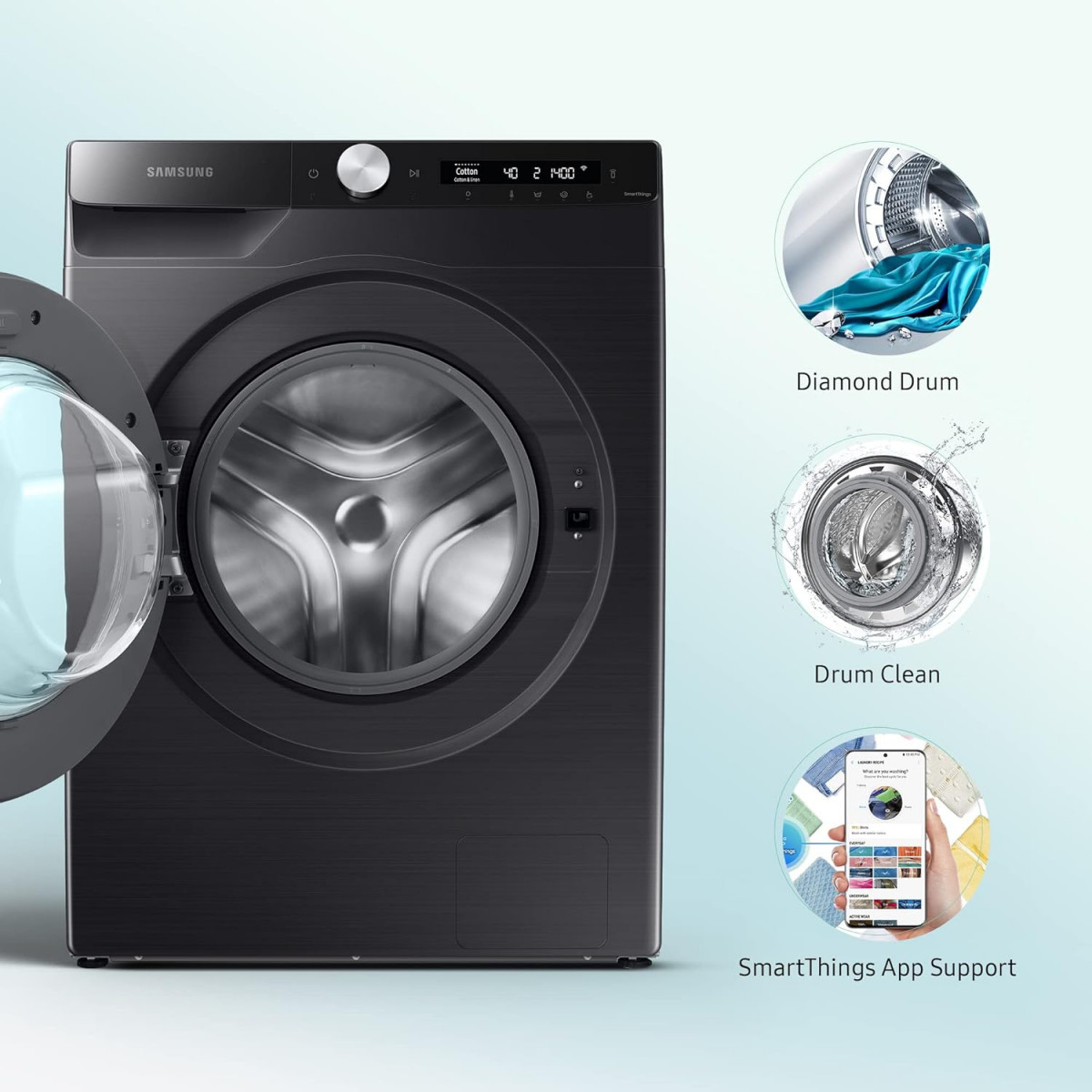 Samsung 12 kg 5 star Eco Bubble Technology AI Control  Wi-Fi Digital Inverter Motor Fully-Automatic Front Load Washing Machine Appliance WW12T504DABTL Hygiene Steam Black Caviar