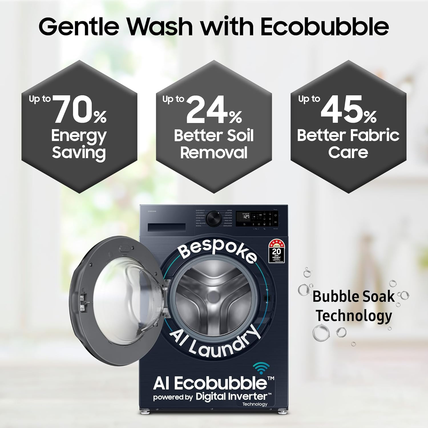 Samsung 12 kg 5 Star Super Speed Wi-Fi Hygiene Steam with Inbuilt Heater Digital Inverter Fully-Automatic Front Load Washing Machine WW12DG5B24ASTL Navy