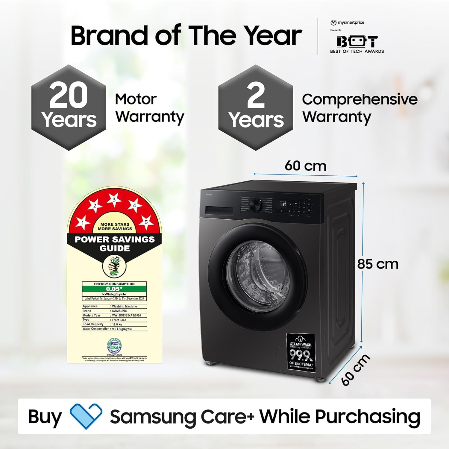 Samsung 12 kg 5 Star Super Speed Wi-Fi Hygiene Steam with Inbuilt Heater Digital Inverter Fully-Automatic Front Load Washing Machine WW12DG5B24ASTL Navy