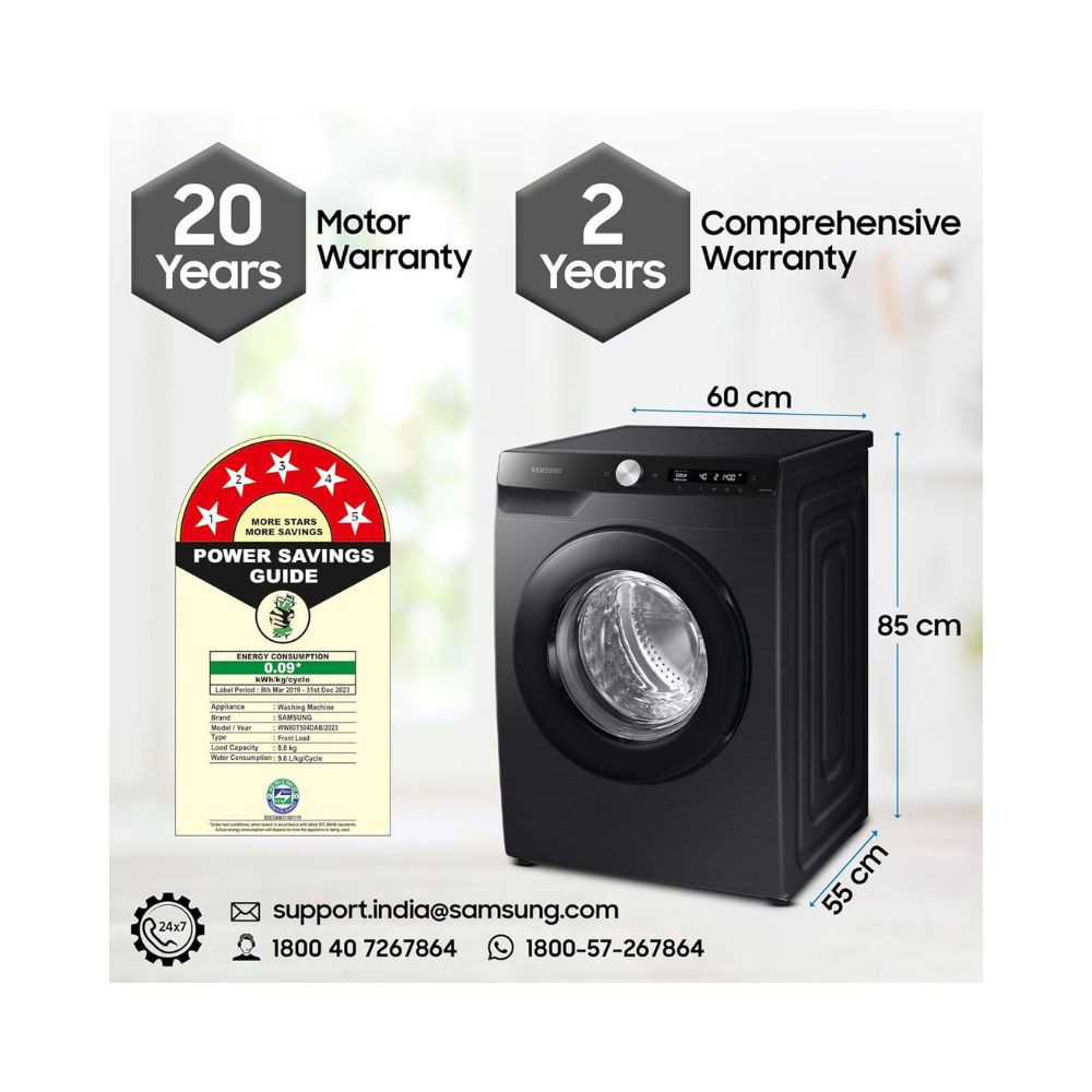 Samsung 8 kg 5 star Eco Bubble Technology AI Control Wi-Fi Fully-Automatic Front Load Washing Machine WW80T504DAB1TL Hygiene Steam Black Caviar Awarded as Washing Machine Brand of the year