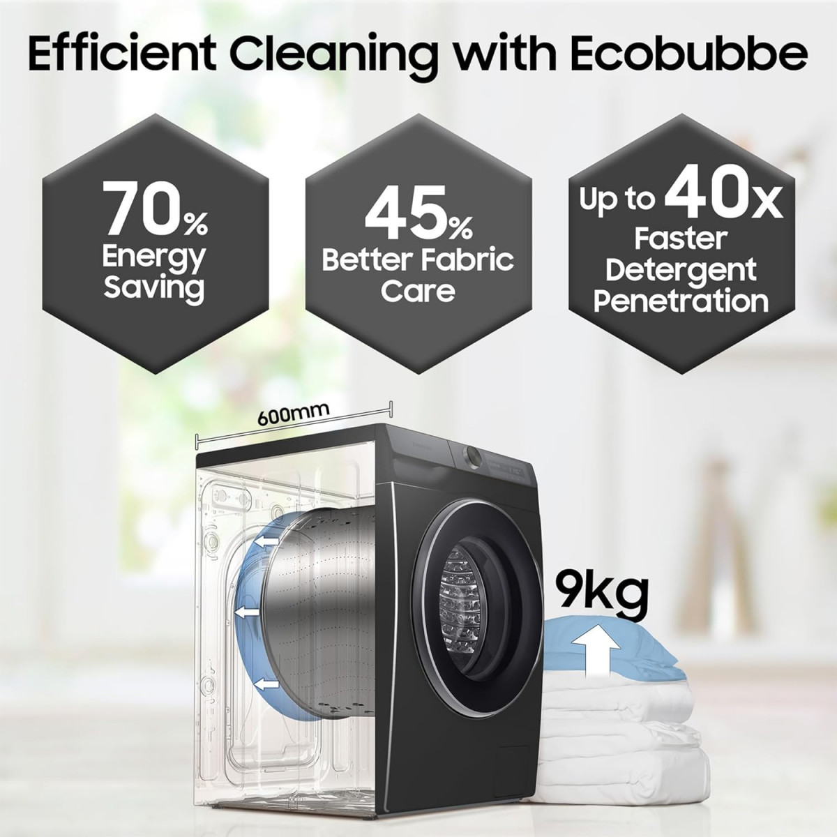 Samsung 9 kg 5 Star Eco Bubble Technology AI Control  Wi-Fi Digital Inverter Motor Fully-Automatic Front Load Washing Machine WW90T504DAN1TL Hygiene Steam Inox Free 1 Year Extended warranty