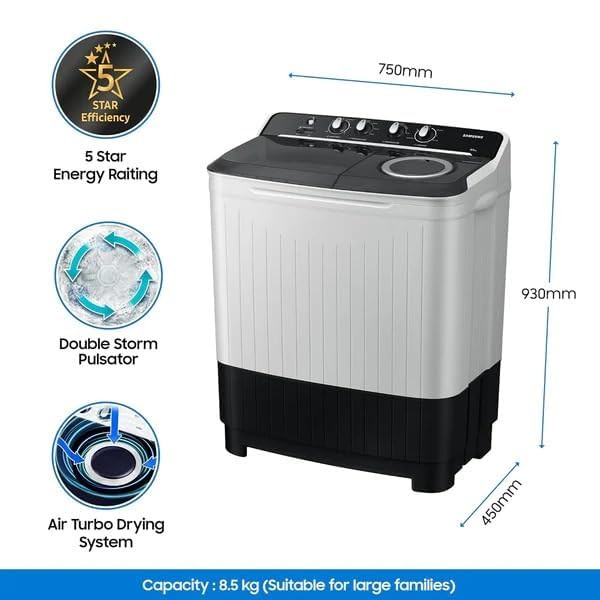 Samsung 9 kg 5 star Semi-Automatic Top Load Washing Machine WT90C4260GGTL Air Turbo Drying Light Gray 2023 Model