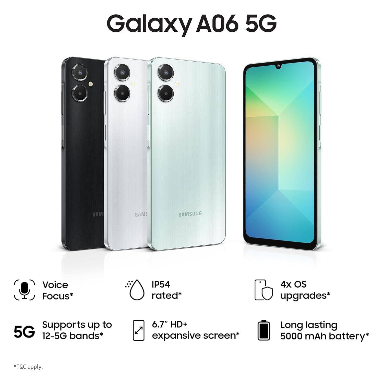 Samsung Galaxy A06 5G Light Green 4GB RAM 128GB Storage True 5G with 12 5G Bands  50MP Dual Camera  4 Gen Updates  IP54  Voice Focus