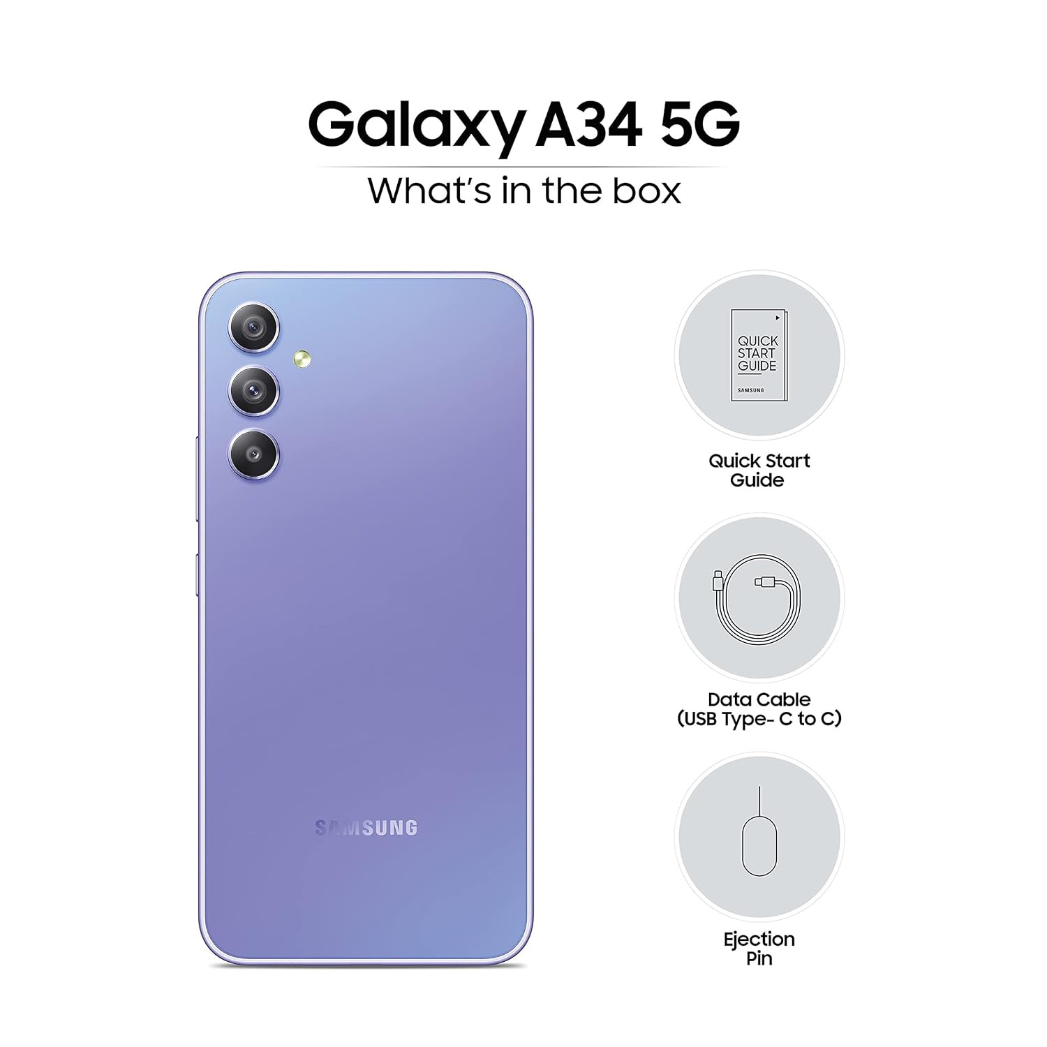 Samsung Galaxy A34 5G Awesome Violet 8GB 256GB Storage  48 MP No Shake Cam OIS  IP67  Gorilla Glass 5  Voice Focus  Travel Adapter to be Purchased Separately