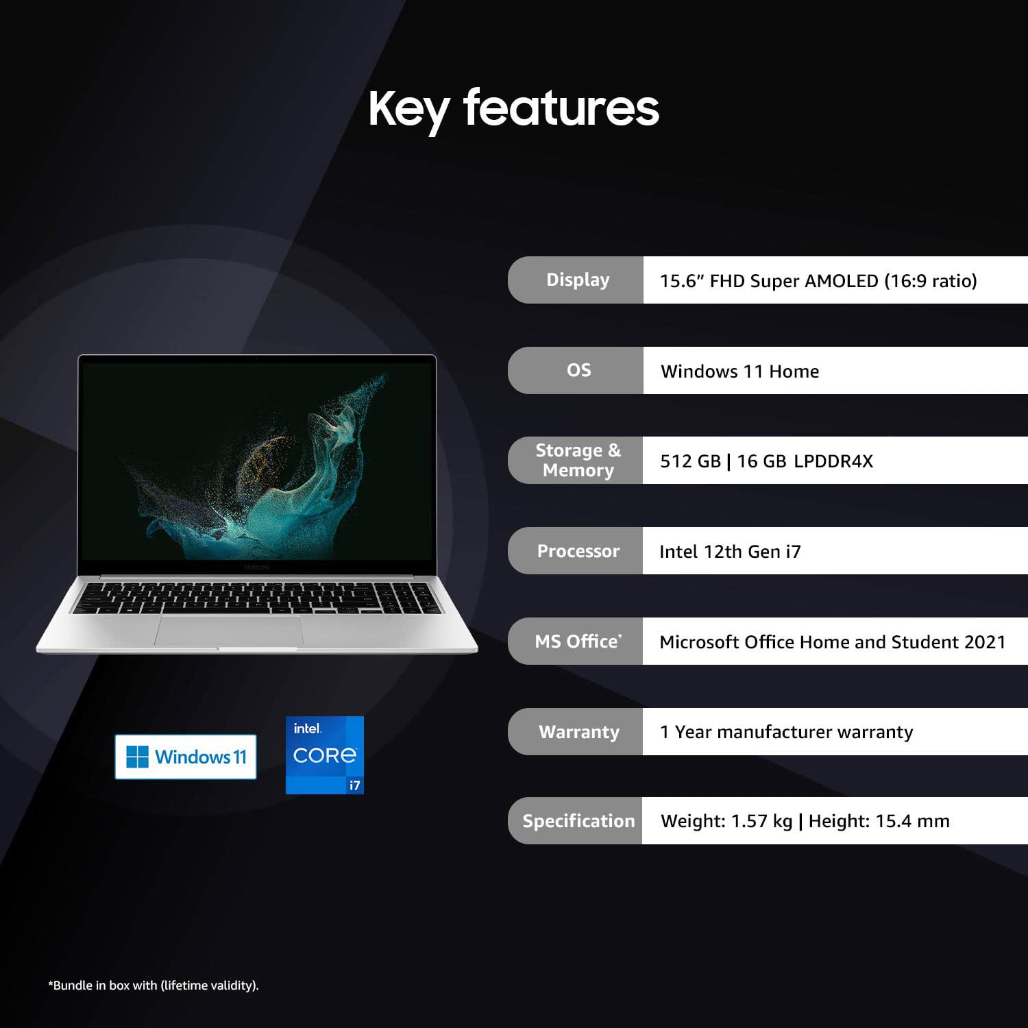 Samsung Galaxy Book2 NP750 Intel 12th Gen core i7 396cm 156 FHD Thin  Light Laptop 16 GB512 GBWindows 11MS OfficeBacklit KeyboardFingerprint ReaderSilver155Kg NP750XED-KC2IN