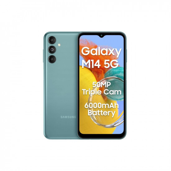 Samsung Galaxy M14 5G Smoky Teal4GB128GB50MP Triple CamSegment039s Only 6000 mAh 5G SP5nm Processor2 Gen OS Upgrade  4 Year Security Update12GB RAM with RAM PlusAndroid 13Without Charger