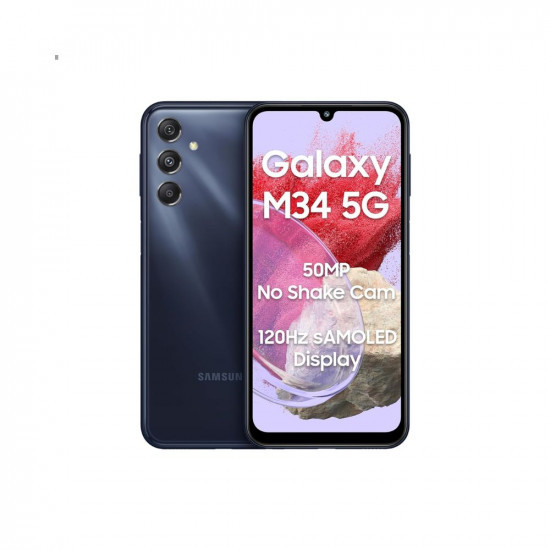 Samsung Galaxy M34 5G Midnight Blue8GB128GB120Hz sAMOLED Display50MP Triple No Shake Cam6000 mAh Battery4 Gen OS Upgrade  5 Year Security Update16GB RAM with RAMAndroid 13Without Charger