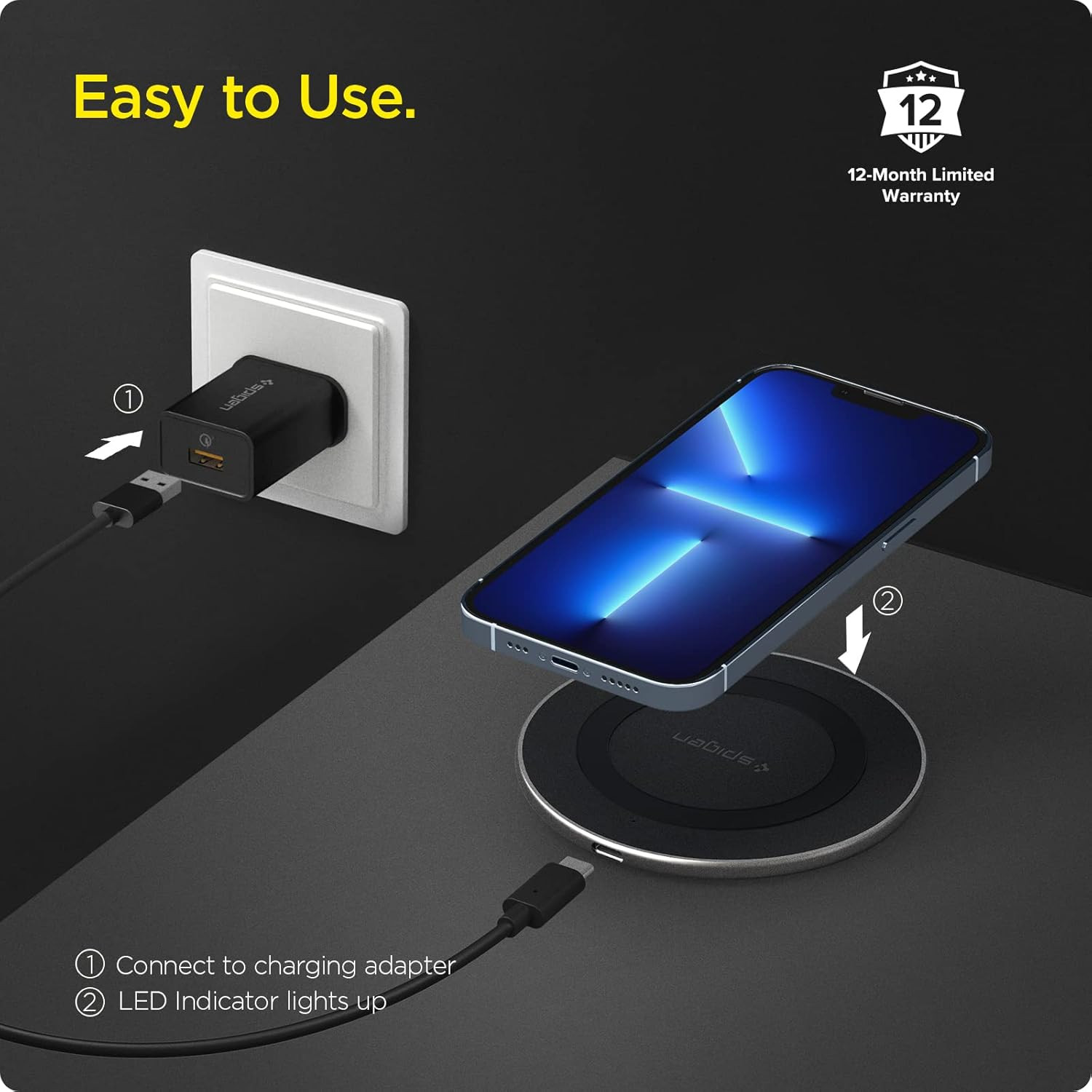 Spigen Essential Wireless Charger for iPhone 161514131211X8 Series Samsung Galaxy S24S23S22S21S20 OnePlus 99 Pro with USB-C to C Type Cable Version 2 - Black