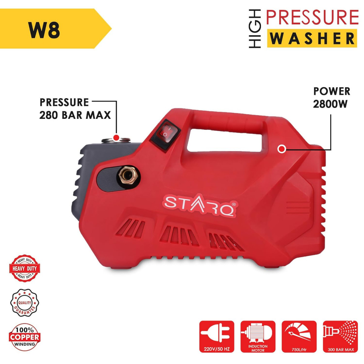 STARQ W8 2800W  280 Bar  Portable Heavy Duty High Pressure WasherCleaner  Red