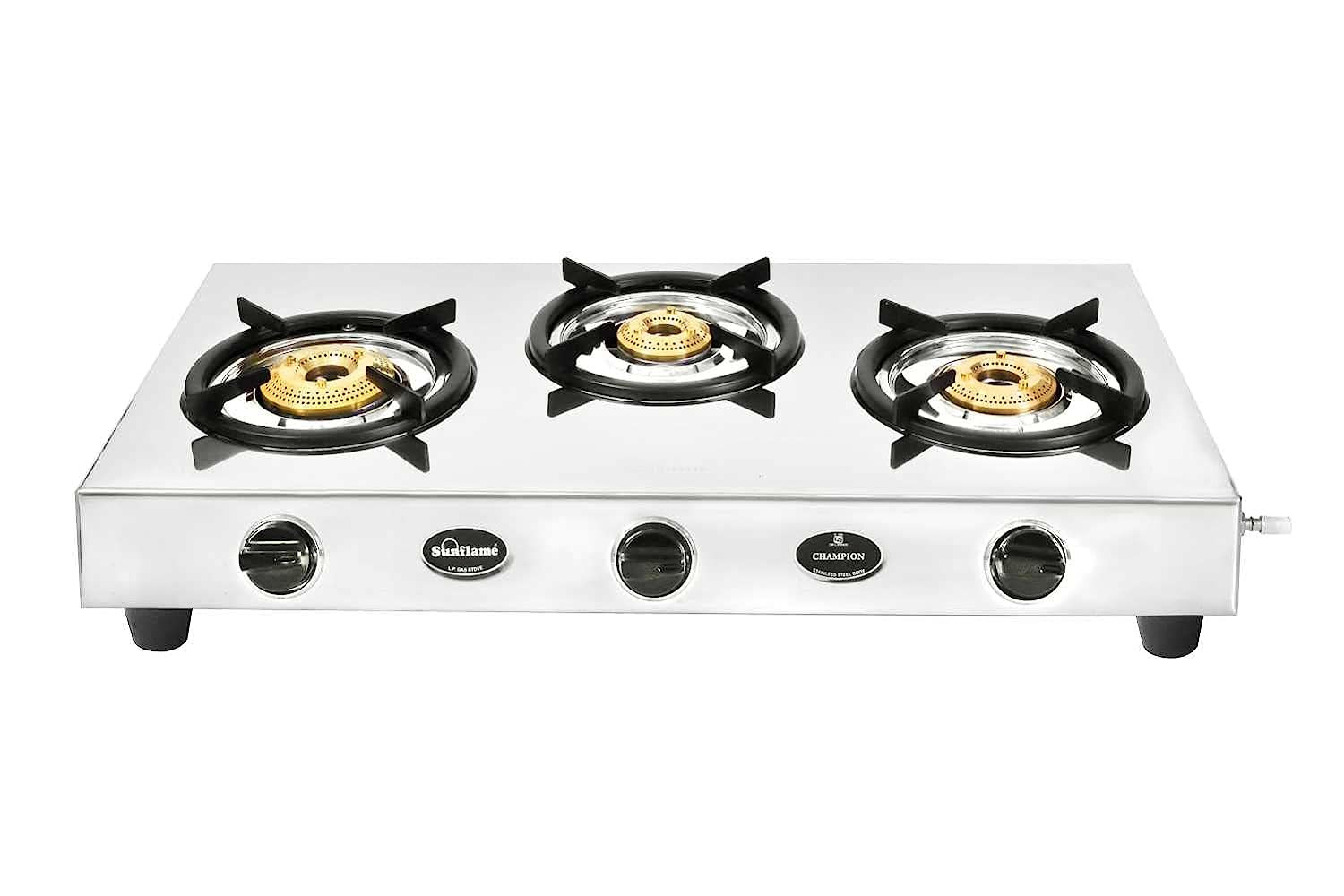 Sunflame Champion 3-Burner Gas Stove  Stainless Steel Body  2-Years Product Coverage  1 Medium and 2 Small Brass Burners Euro-Coated Pan Supports  Manual Ignition  Silver