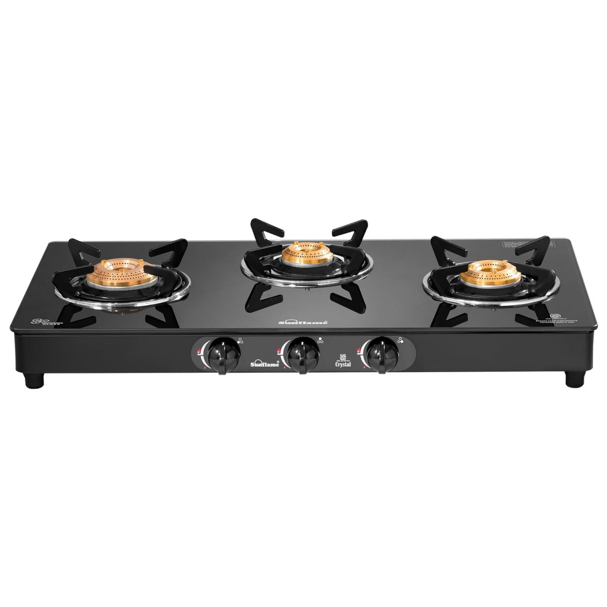 Sunflame Crystal Toughened Glass 3 Brass Burner Gas Stove Manual Ignition Black