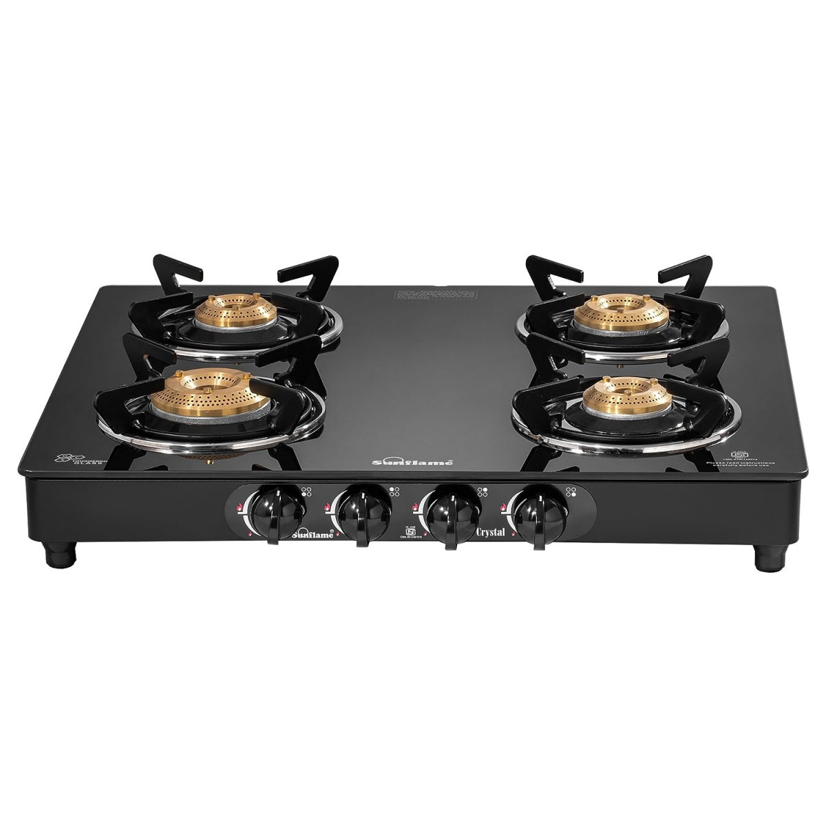 Sunflame Crystal Toughened Glass 4 Brass Burner Gas Stove Manual Ignition Black