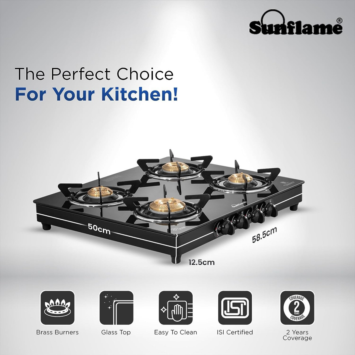 Sunflame Crystal Toughened Glass 4 Brass Burner Gas Stove Manual Ignition Black