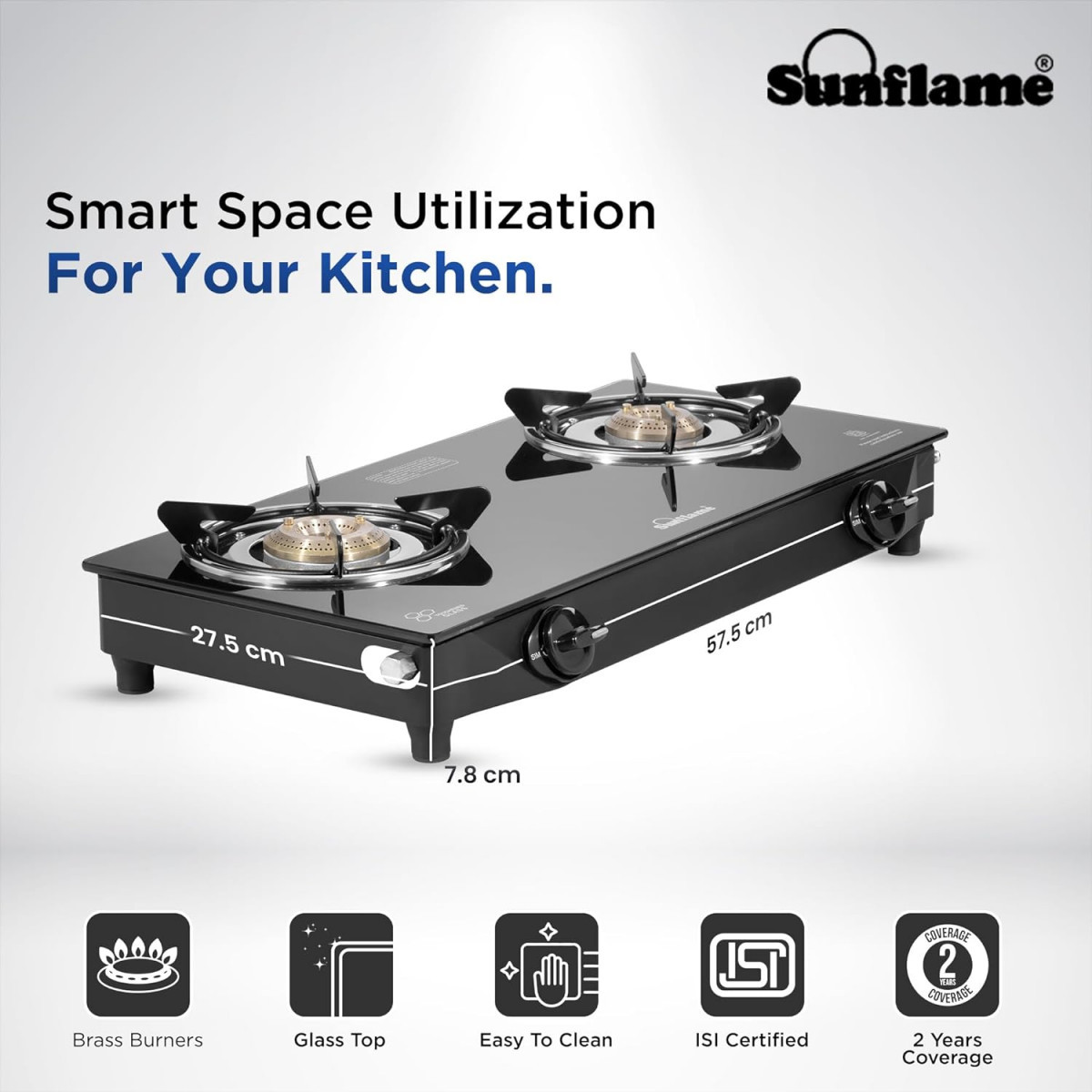 Sunflame Maleo 2 Burner Gas Stove  Space Saving Design  Complimentary Lighter  1 Medium  1 Small Brass Burners  2 Years Product Coverage  Toughened Glass Top  Pan India Presence