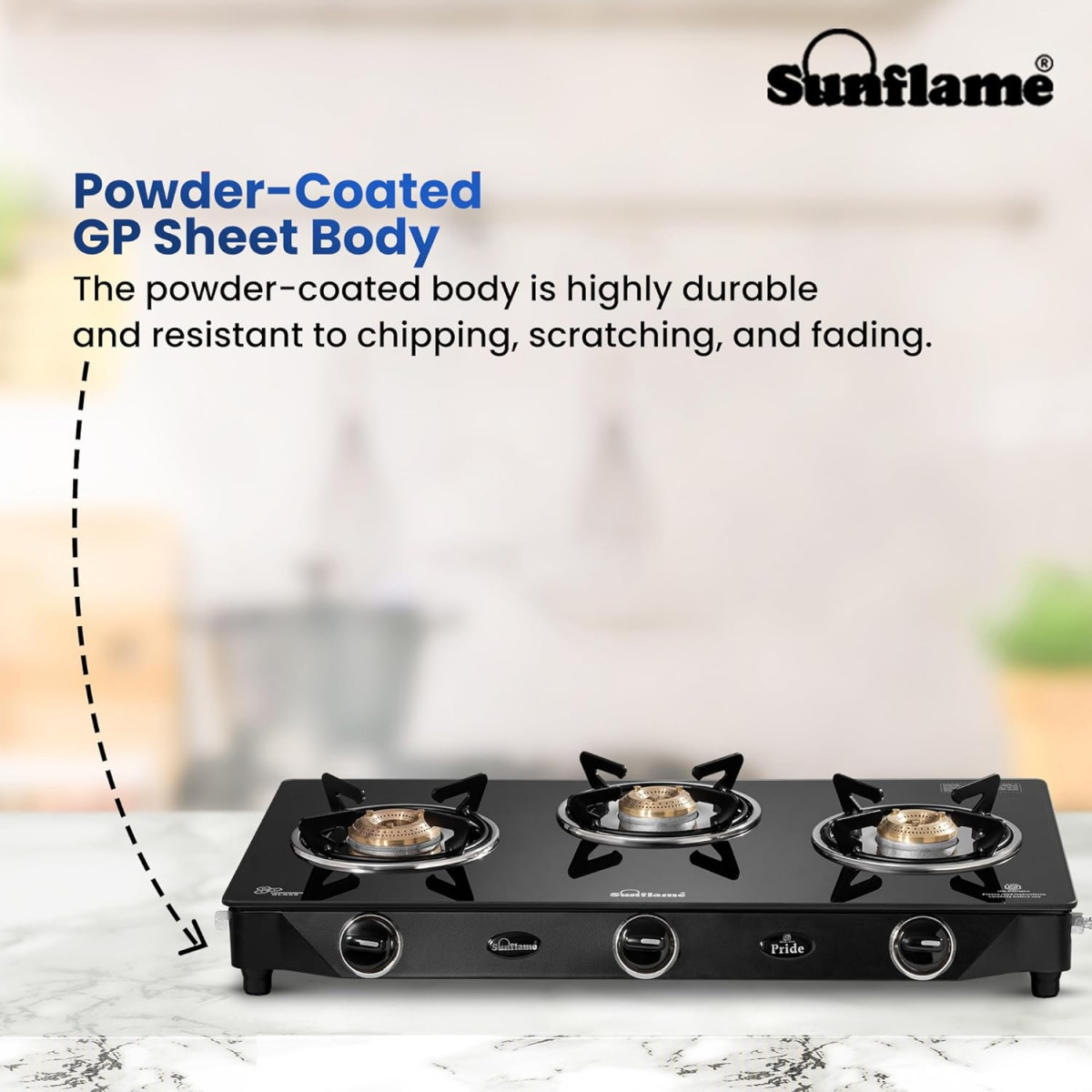 Sunflame Pride 3 Burner Gas Stove  2-Years Product Coverage  2 Small and 1 Medium Brass Burners  Ergonomic Knobs  Easy to Maintain l Toughened Glass Top  PAN India Presence  Black