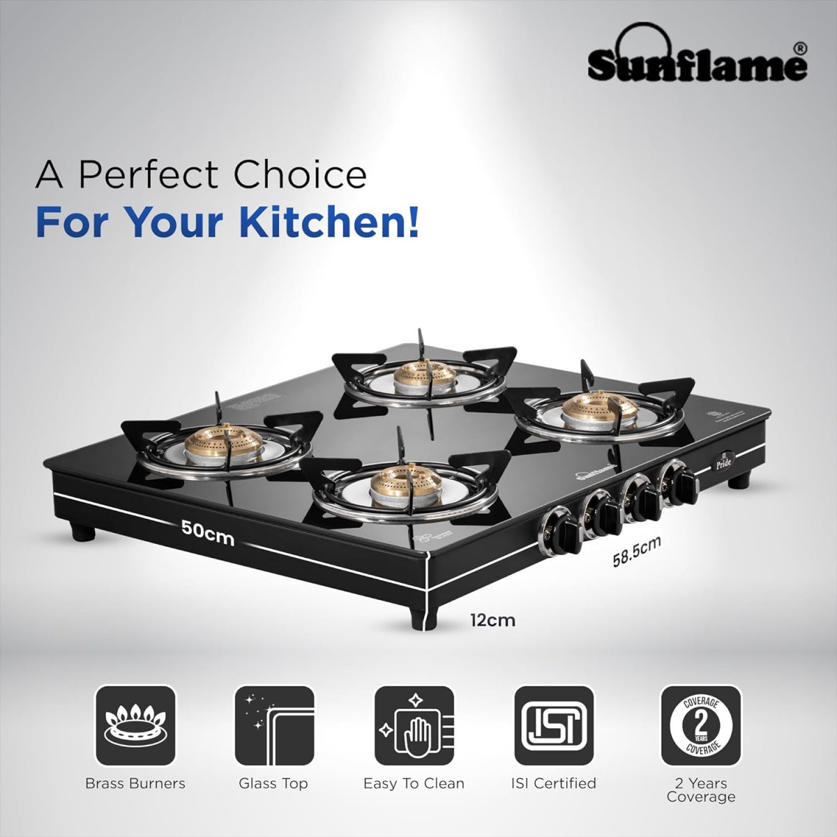 Sunflame Pride 4 Burner Gas Stove  2-Years Product Coverage  2 Medium and 2 Small Brass Burners  Ergonomic Knobs  Easy to Maintain  Toughened Glass Top  PAN India Presence  Black