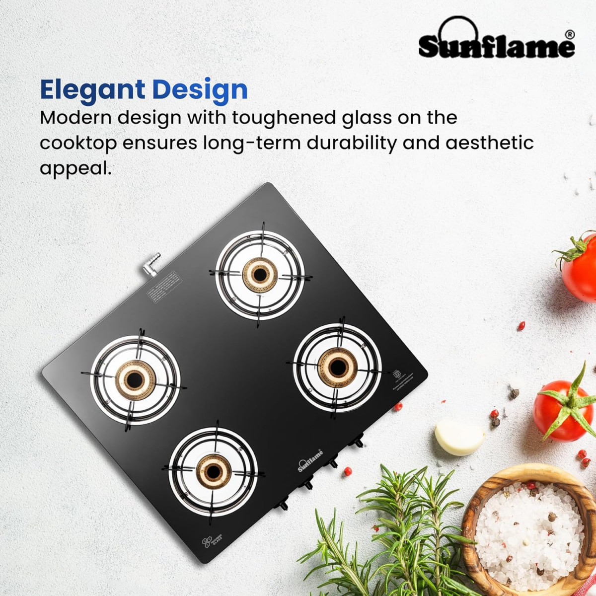 Sunflame Pride 4 Burner Gas Stove  2-Years Product Coverage  2 Medium and 2 Small Brass Burners  Ergonomic Knobs  Easy to Maintain  Toughened Glass Top  PAN India Presence  Black