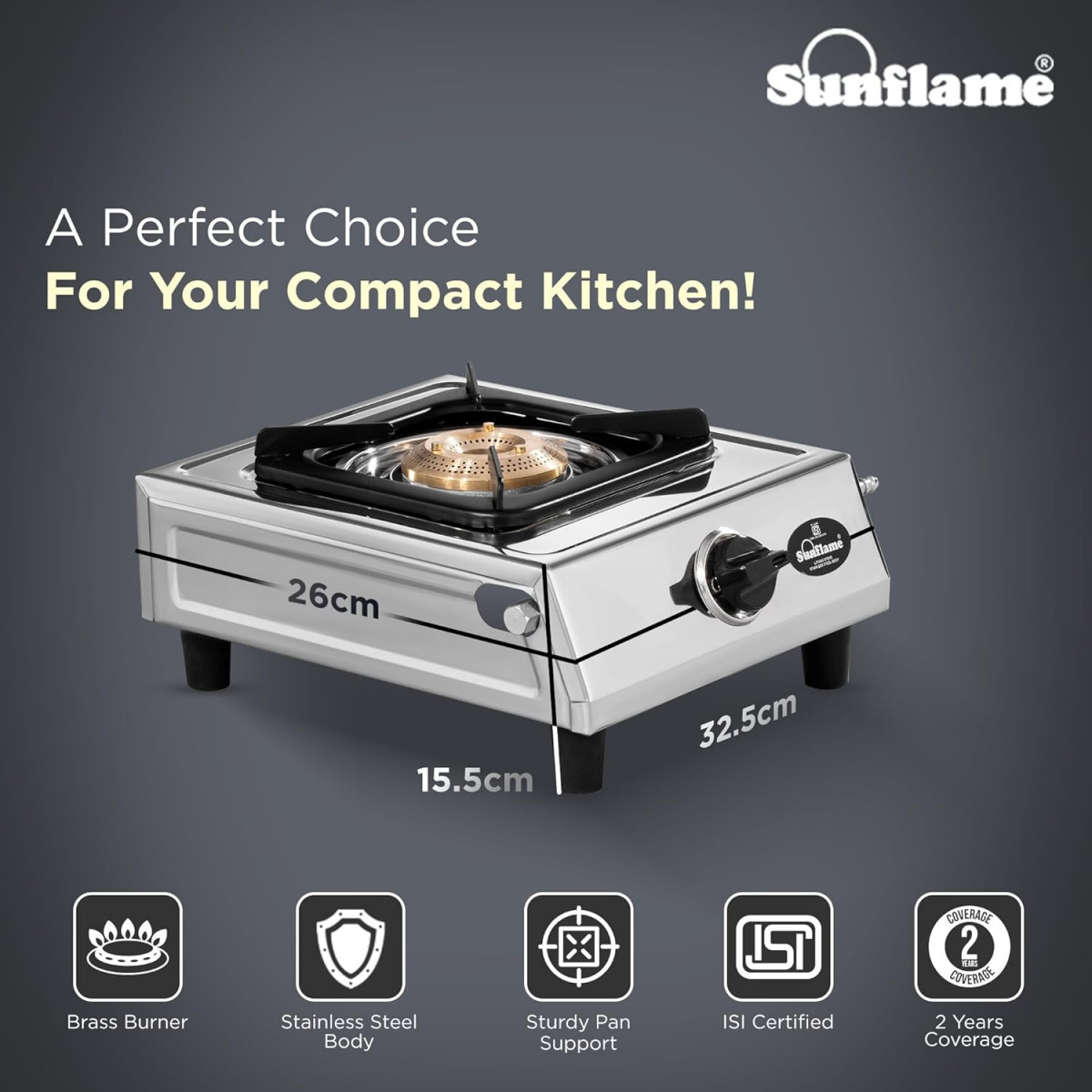 SUNFLAME Single Burner Stainless Steel Open Gas Stove1 Jumbo Brass Burner2-Years Product CoverageStainless Steel BodyHeat Resistant Ergonomic KnobsHeavy Duty Pan SupportPan India Presence