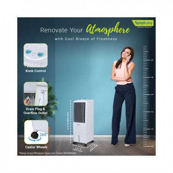 Symphony Diet 12T Personal Tower Air Cooler for Home with Honeycomb Pad Powerful Blower i-Pure Technology and Low Power Consumption 12L White