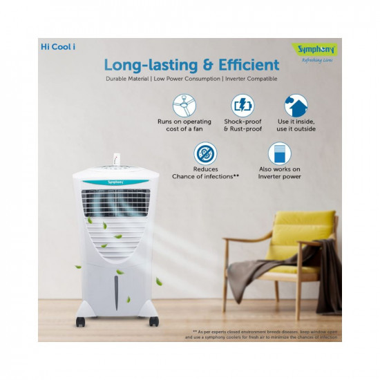 Symphony Hicool i Personal Air Cooler For Home with Remote and Touch Control Panel with Honeycomb Pad Powerful Blower i-Pure Technology and Low Power Consumption 31L White