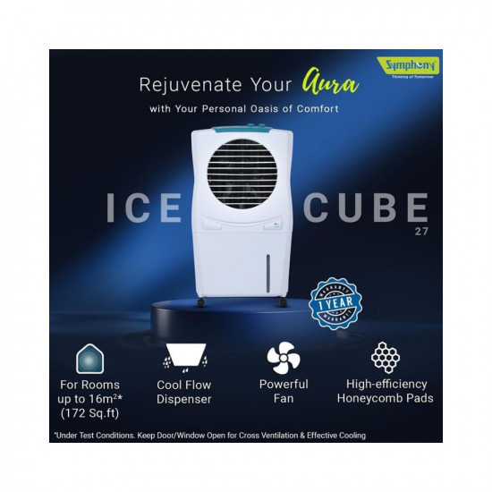 Symphony Ice Cube 27 Personal Air Cooler For Home with Powerful Fan 3-Side Honeycomb Pads i-Pure Technology and Low Power Consumption 27L White