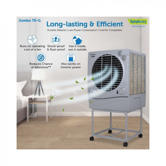 Symphony Jumbo 70 Desert Air Cooler For Home with Aspen Pads Powerful Fan Cool Flow Dispenser and Free Trolley70L Grey