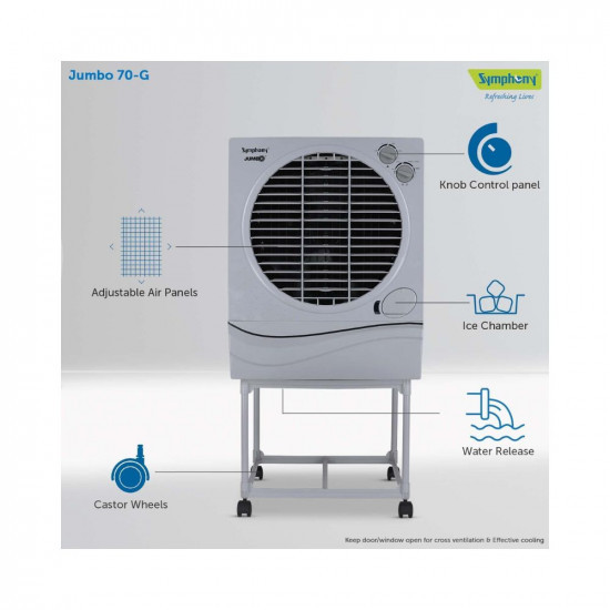 Symphony Jumbo 70 Desert Air Cooler For Home with Aspen Pads Powerful Fan Cool Flow Dispenser and Free Trolley70L Grey