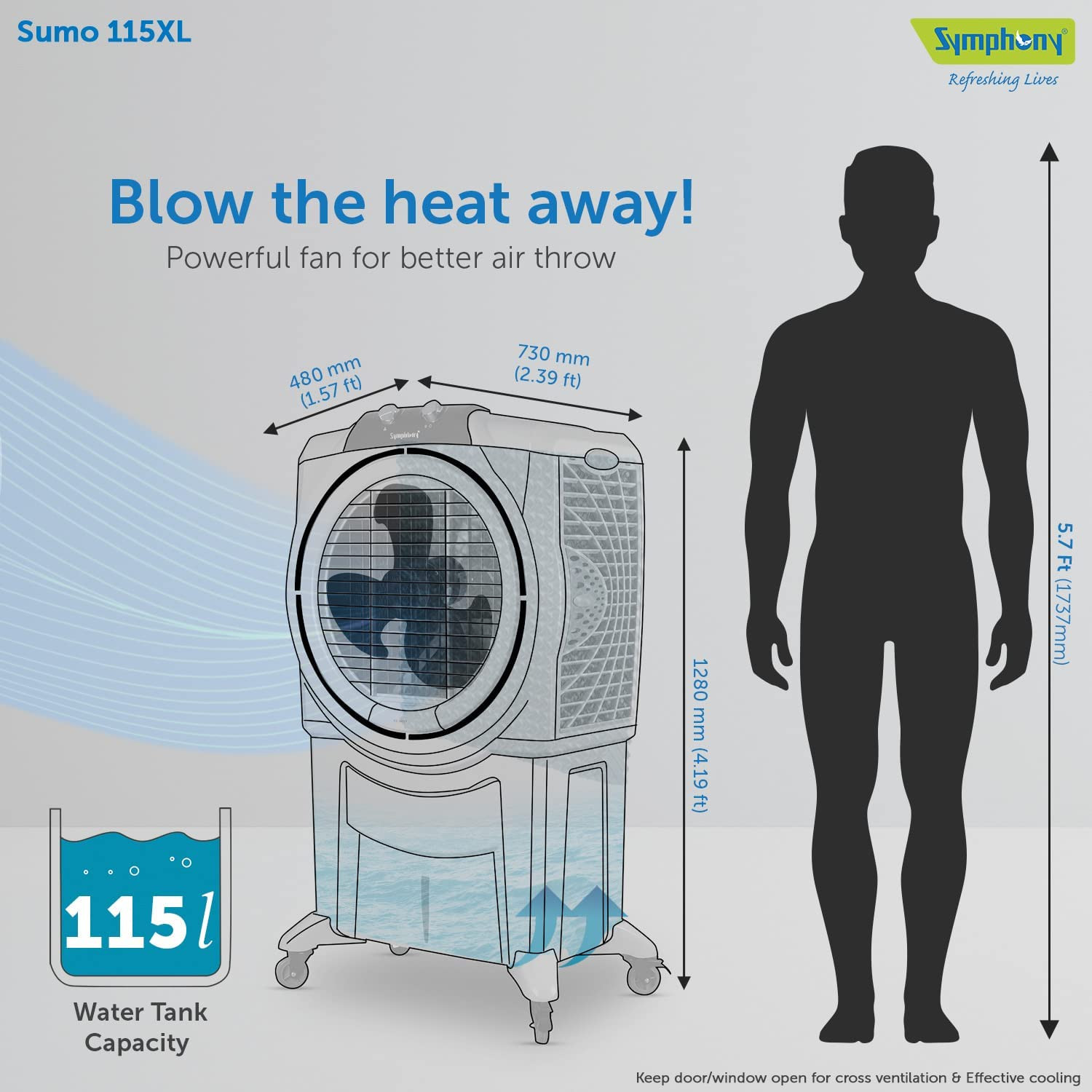 Symphony Sumo 115 XL Desert Air Cooler For Home with Honeycomb Pads Powerful Air Fan i-Pure Console and Low Power Consumption 115L Grey