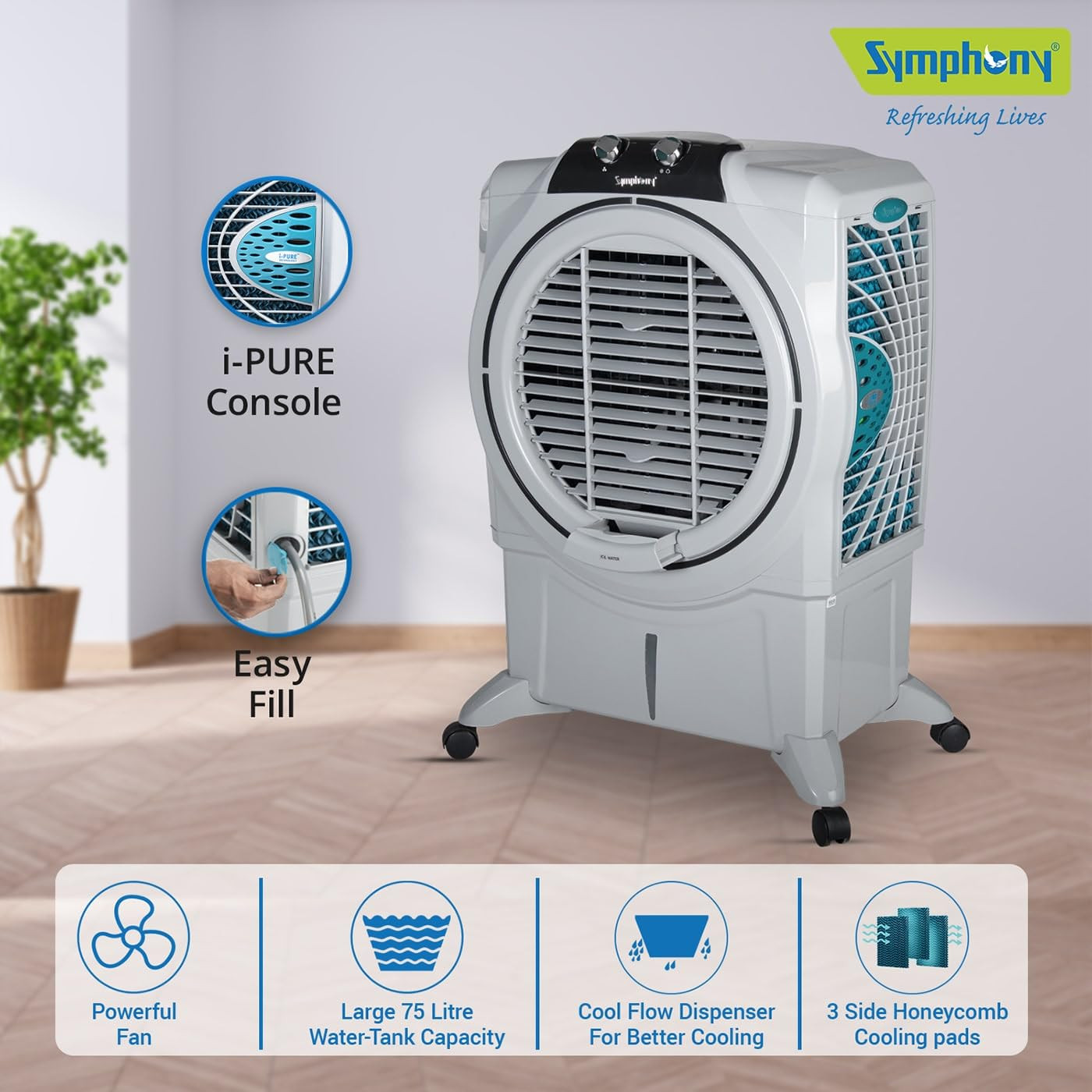 Symphony Sumo 75 XL 75L Desert Cooler Large Room Cooler Powerful Air Flow Honeycomb Pads i-Pure Console