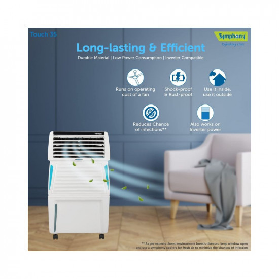 Symphony Touch 35 Personal Air Cooler For Home with Honeycomb Pads Powerful Blower i-Pure Technology Digital Touchscreen and Voice Assistance 35L White