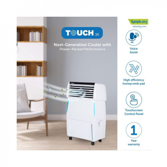Symphony Touch 35 Personal Air Cooler For Home with Honeycomb Pads Powerful Blower i-Pure Technology Digital Touchscreen and Voice Assistance 35L White