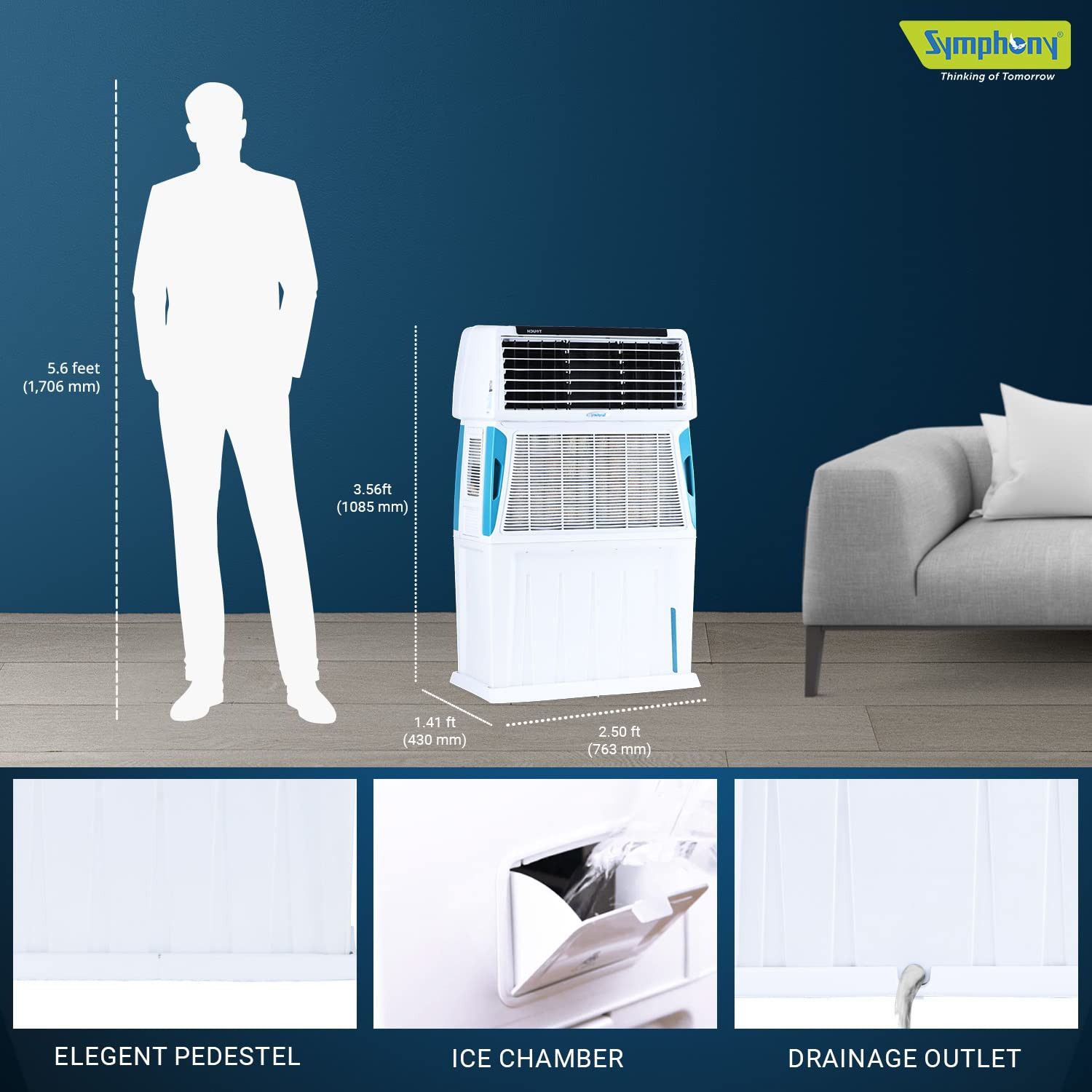 Symphony Touch 80 Personal Air Cooler For Home with 4-Side Aspen Pads Powerful Double Blowers i-Pure Technology and Closable Louvers 80L White