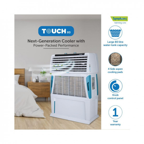Symphony Touch 80 Personal Air Cooler For Home with 4-Side Aspen Pads Powerful Double Blowers i-Pure Technology and Closable Louvers 80L White